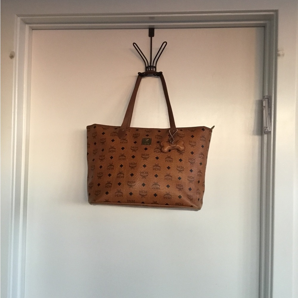MCM Cognac Logo-Print Leather Tote